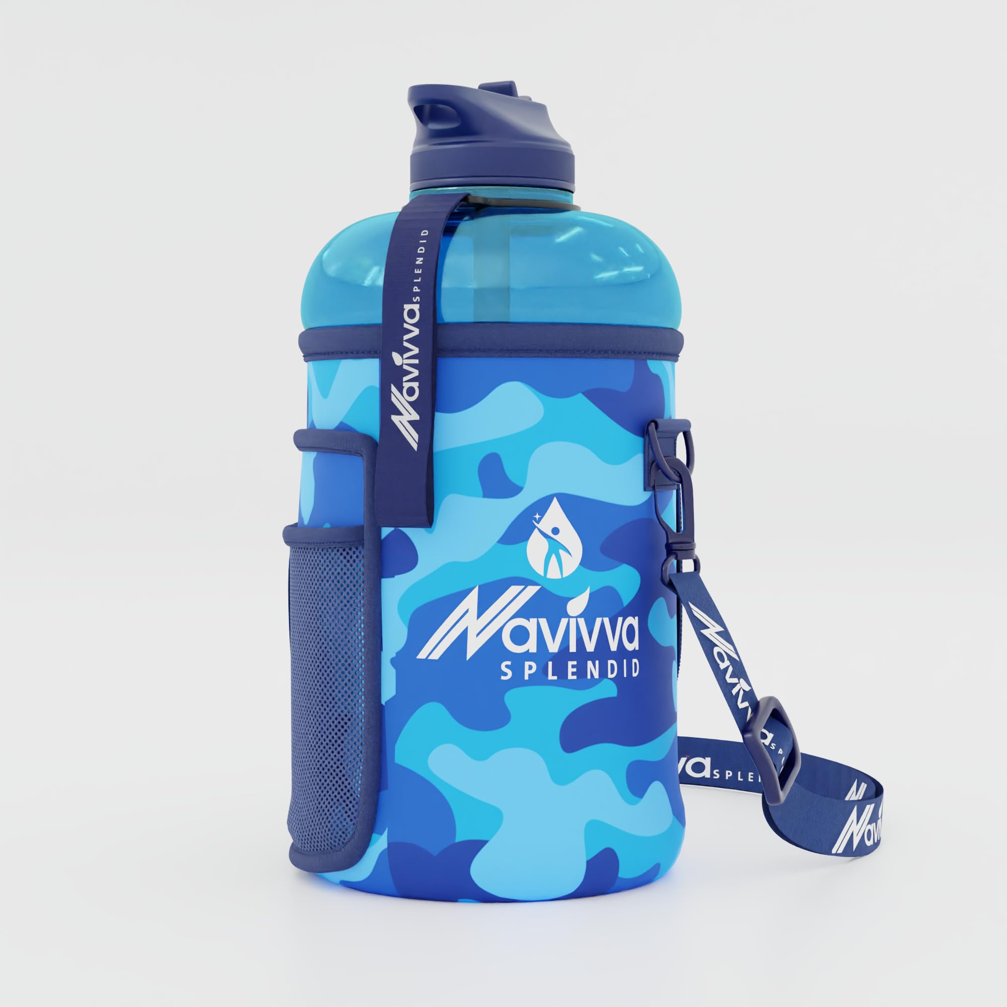 NAVIVVA SPLENDID Large 2L Water Bottle with Insulating Neoprene Cover and Straw Lid - BPA-Free, Dishwasher Safe, Portable, Eco-friendly with Carry Handle – Huge 2.2 Litre. (Navy in Sleeve Cover)