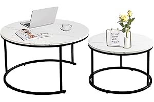 AT-VALY Nesting Table Set of 2,Round Coffee Table,End Side Table with Sturdy Metal Frame for Living Room 31.5" (Black&White)