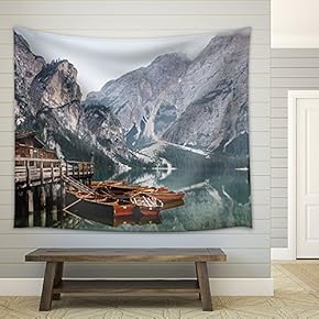 Beautiful Vacation Resort with Mountains and Lake - Fabric Wall Tapestry Home Decor - 51x60 inches