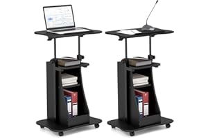 Giantex Mobile Podium Stand Set of 2, Height Adjustable Laptop Cart with Tilting Tabletop & Storage Compartments, Rolling Lec