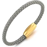 COOLSTEELANDBEYOND Minimalist Mens Women Leather Bracelet, Thin Braided Leather Bangle, Steel Oval Magnetic Clasp