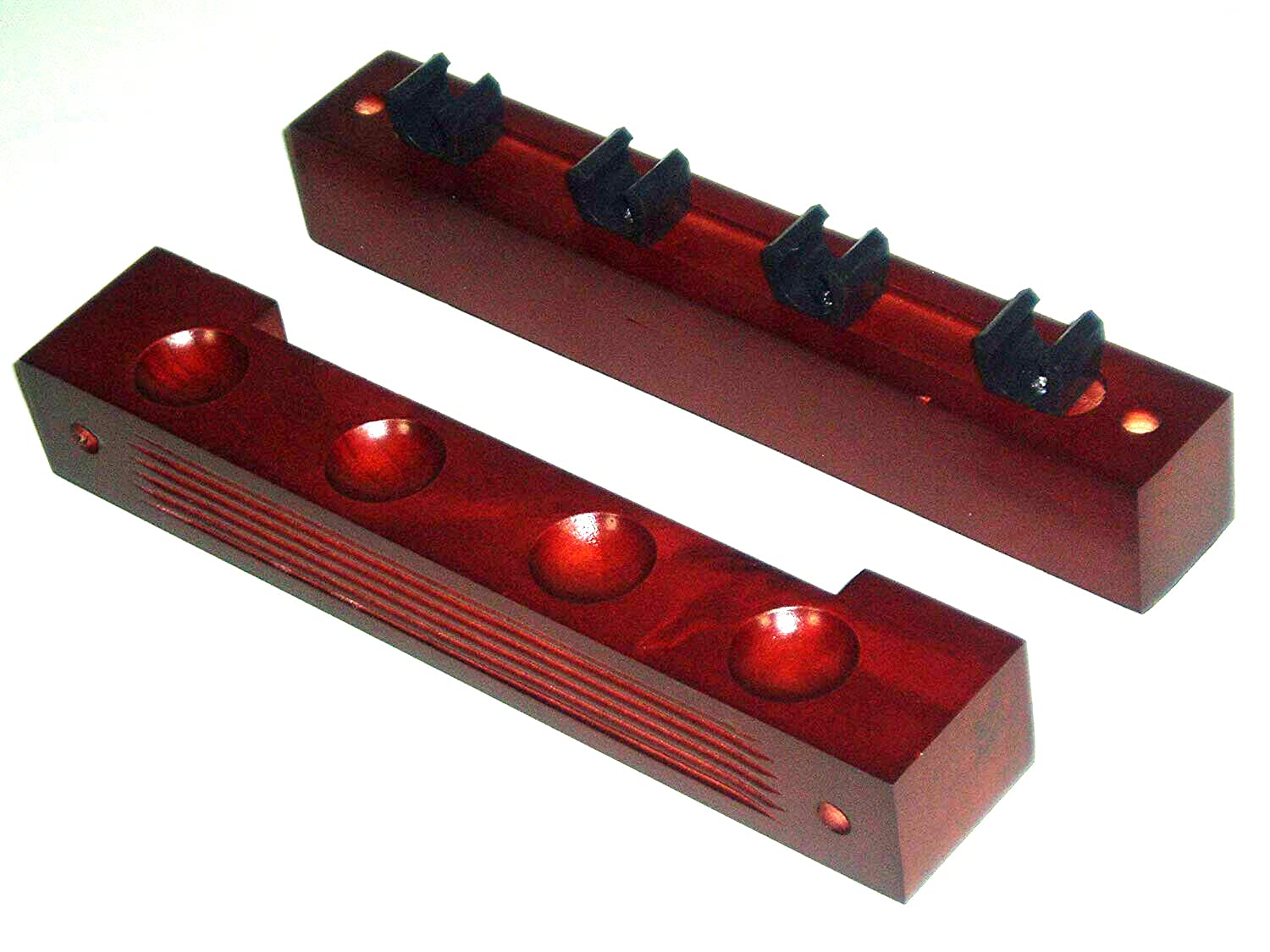 Mahogany finish 2 peice wall cue rack, hols up to 4 cues