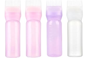 SHEHARUHI 4 Pack 6 Ounce Root Comb Applicator Bottle Applicator Bottle for Hair Dye Hair Oil Applicator Brush with Graduated Scale(Pink, White, Purple)