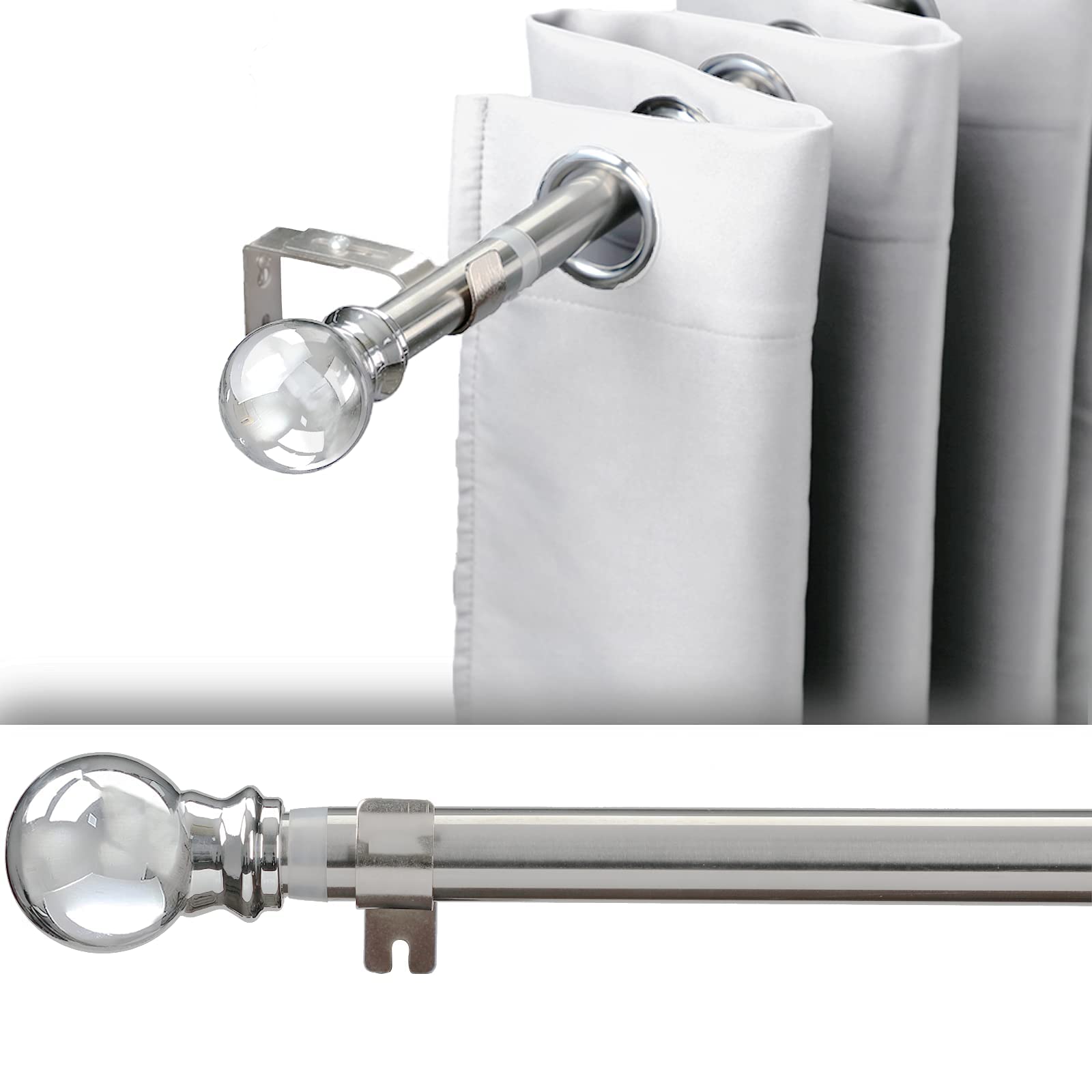 Adjustable Curtain Rod, 1 Inch Thickness Curtain Pole Stainless Steel with 2 Brackets for Bedroom, Children's Room, Office, Bathroom, Silver, 86 to 254cm