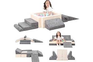 MOOZHEALTH Kids Play Couch- Modular Playset Foam Climbing Blocks for Toddlers Children with Square Ball Pit,Convertible Foam Couch Sofa Indoor Furniture for Playroom, Bedroom (Gray&Beige)