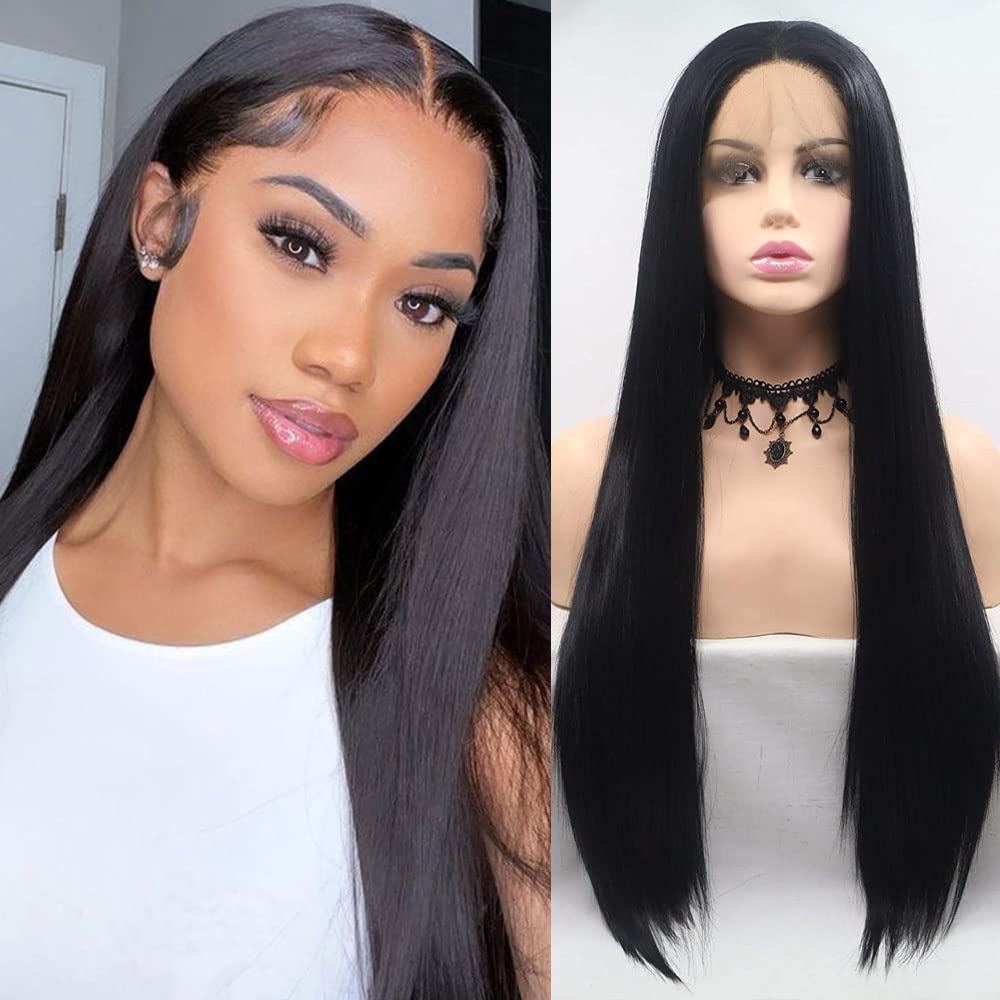 Xiweiya Long Soft 1B# Black Straight Lace Wig 13x3 Lace Natural Hairline Silky Black Hair Heat Resistant Fiber for Women, Girl Drag Queen Long Black Hair Wigs Hairstyle Wig 24 inch