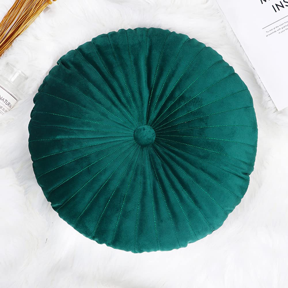 NatureMan Round Velvet Pumpkin Throw Pillow Cushion - 13.7 Inches, Dark Green - Suitable for Living Room Sofa, Bed, Floor