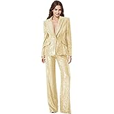 RDACZU 2 Piece Sequin Suits for Women Glitter Sparkly Notch Lapel Women Suit V Neck Womens Dressy Suits for Party Prom