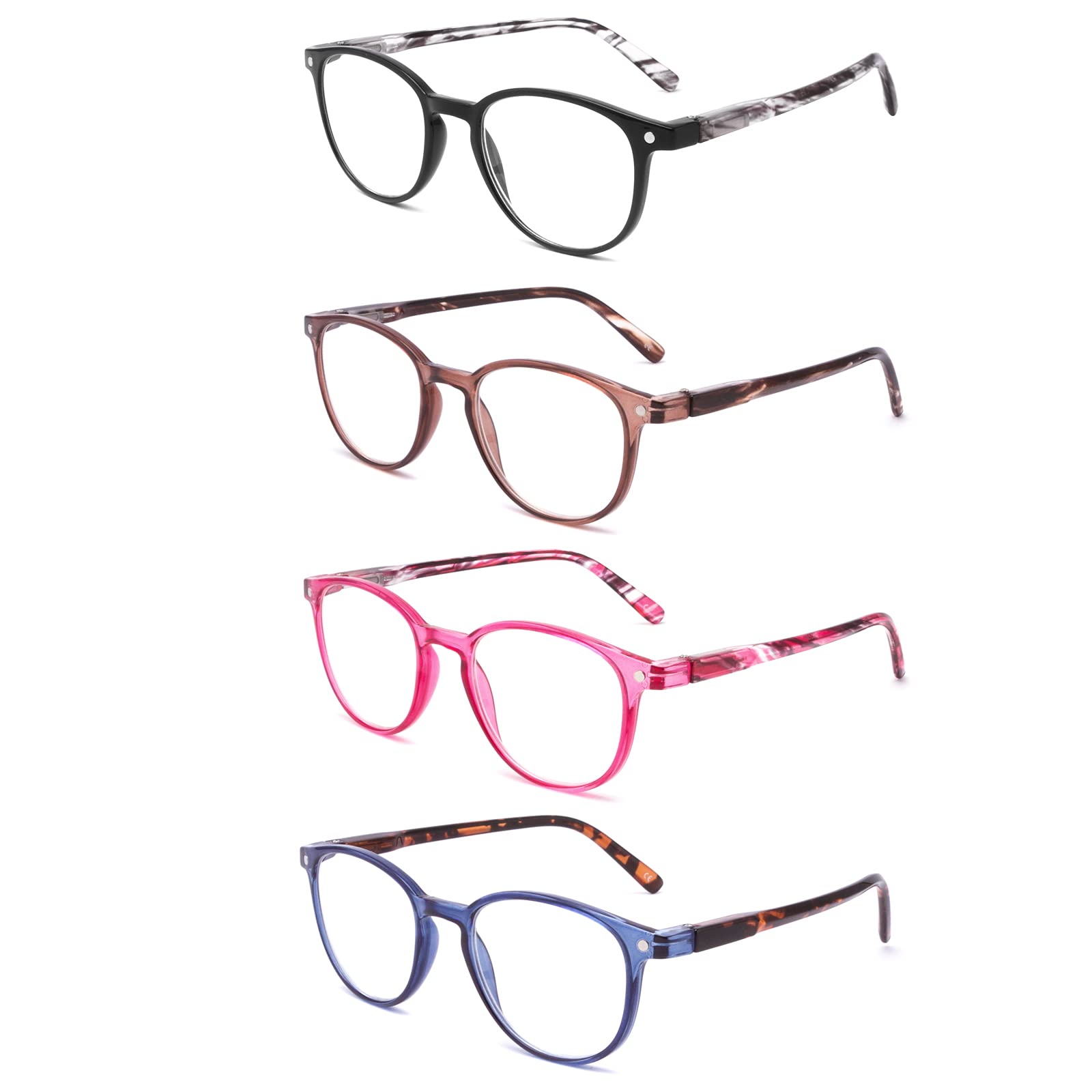 BOSAIL 4 Pack Reading Glasses Blue Light Blocking Fashion Reader with Spring Hinge Vintage Round Frame Eyeglasses for Men Women 1.0