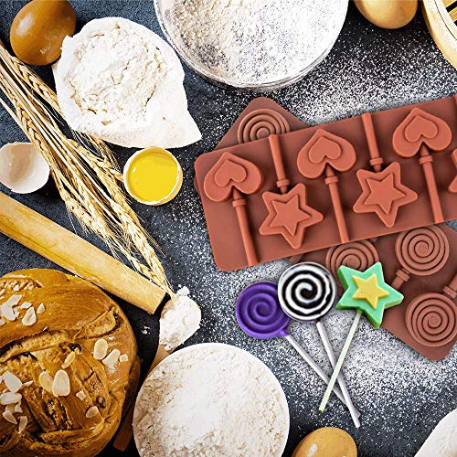 Cozihom 6 Cavity Silicone Lollipop Mold, Chocolate Mold, Typical Round, Stars & Hearts, Bowknots, Christmas, Smile Faces Shape, 5 PCS, and 130 PCS Lollipop Sticks.