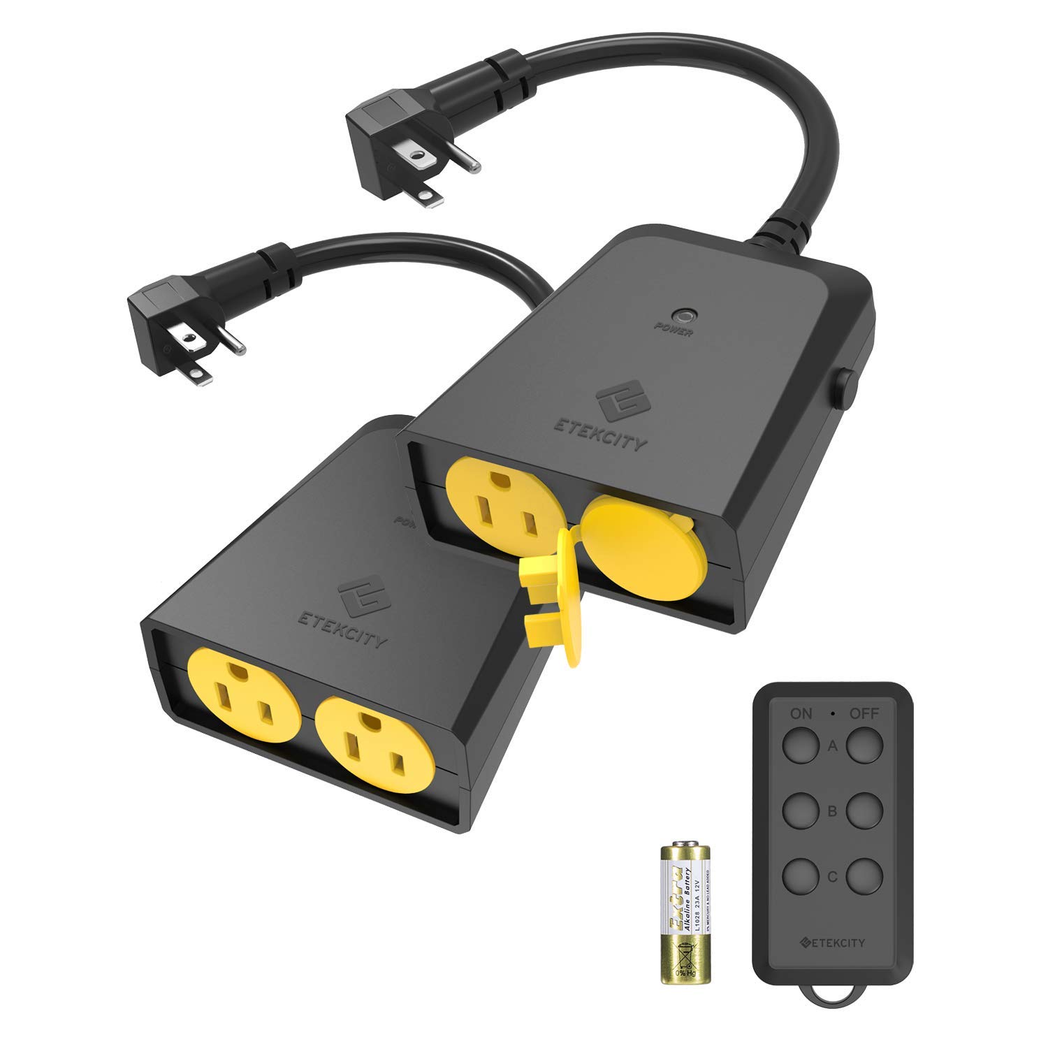 Etekcity Toma de control remoto inalámbrico para exteriores, resistente a la intemperie, interruptor de luz eléctrica de alcance de 150 pies, 4 enchufes con conexión a tierra, certificación ETL, negro (1 control remoto incluido)
