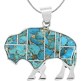 Turquoise Network Buffalo Pendant Necklace 925 Sterling Silver Genuine Gemstones (24" Length)