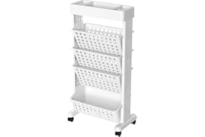 VEMJO 5 Tier Rolling Book Cart，Movable Bookshelf with Wheels Multi-Functional Organizer for Home Office Rolling Cart Rolling Book Shelf Storage Trolley, Movable Organizer with Wheels