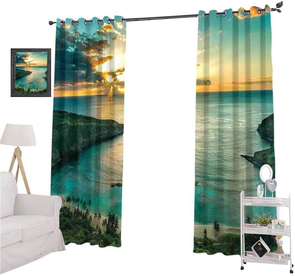 Mozenou Hawaiian Decorations Grommet Curtain Panels Sunrise Over Hanauma Bay on Oahu Sound Asleep Room Curtains W84 x L108 Hawaii Sunbeams Through Dark Clouds Shoreline