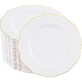 WDF 60pcs Gold Dessert Plates-7.5inch Baroque White and Gold Small Plastic Plates/Disposable Dessert/Salad/Appetizer Plastic Plate for Upscale Bridal Shower/Wedding/Birthday