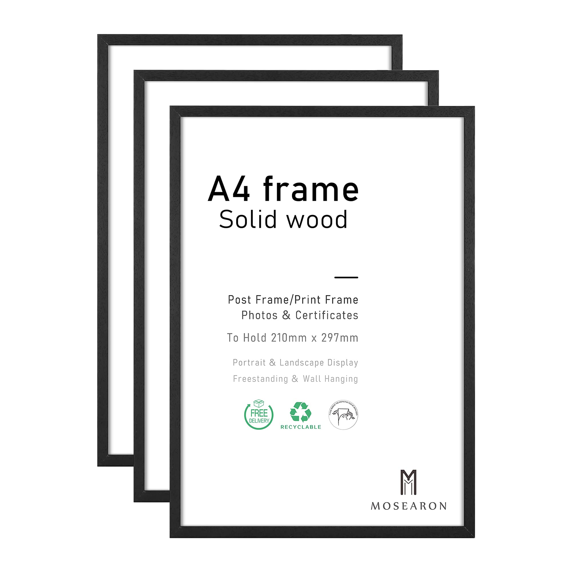 A4 Photo Frame, 3 Pack-21x30cm Black Picture Frame,Certificate Frame for Wall Mount or Table Top Display (Black Wood)