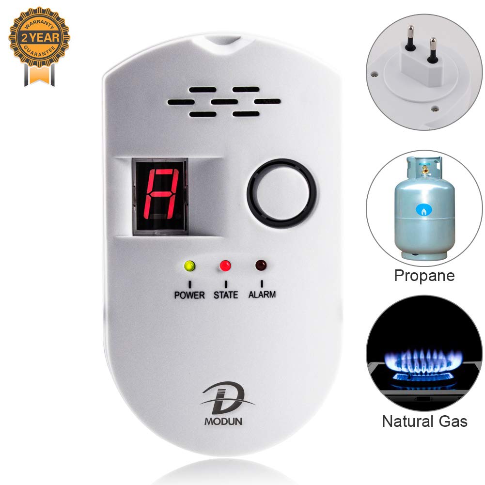 Detector de Gas, LPG/Gas Natural/Detector de fugas de gas de carbón, Sensor Enchufable Monitor de gas con Alarma Sonora y Pantalla Digital LED, Alarma ...