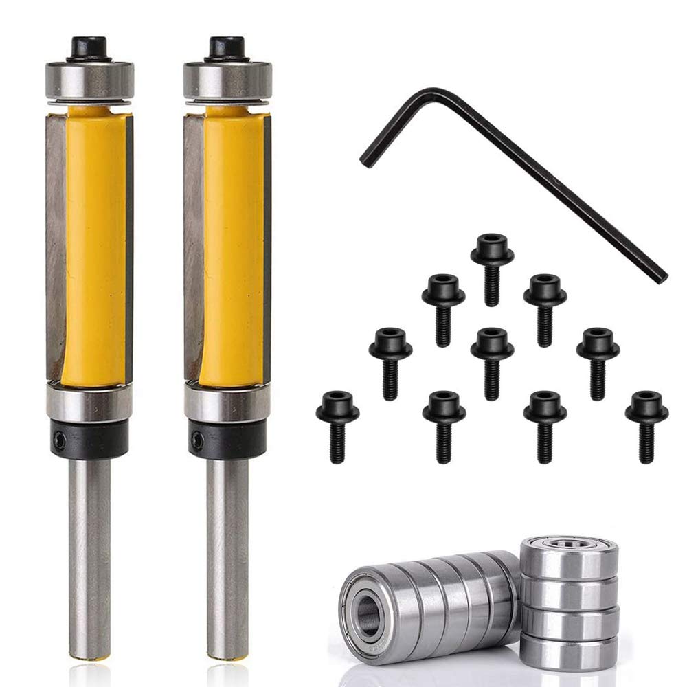 Mesee 2Pcs Top and Bottom Bearing Flush Trim Pattern Router Bit Set, 1/4'' Shank Template Trimming Bits Woodworking Milling Cutter Tool with 10Pcs Top Mounted Replacement Bearings