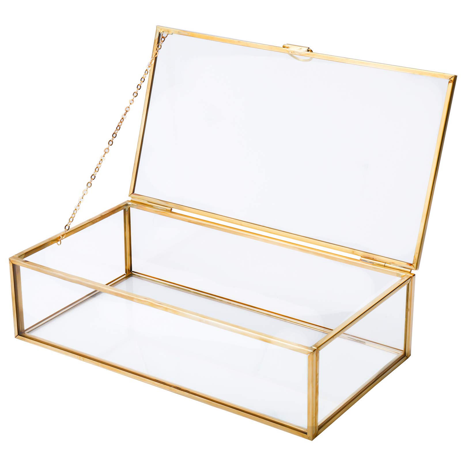 Homtone Copper Golden Vintage Glass Lidded Box, Decorative Jewelry Keepsake Display Organizer Clear Rectangle Golden Box for Wedding Party Decor (20x11x5.9cm, Gold)