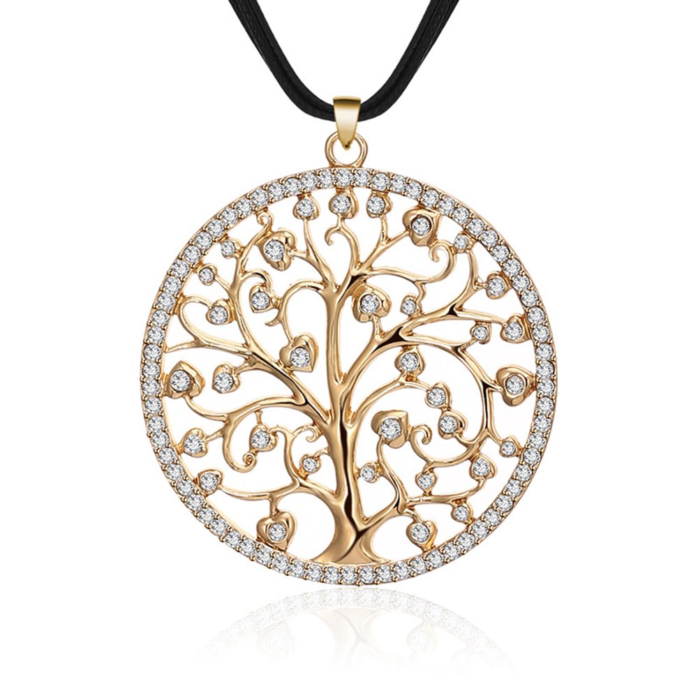 Fashion Necklace for Women Tree of Life with Brilliant CZ Crystal Pendant Necklace for Girls Long Wax Cord Necklace (Gold Plated)