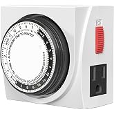 BN-LINK Heavy Duty Dual Outlet Mechanical Timer,24-Hour Light Timer,3-Prong | 15-min intervals; daily repeat; easy setup;Indoor Timer for Christmas Decor,Plant Light,Reptile Tank, Aquarium, ETL,15A/1875W