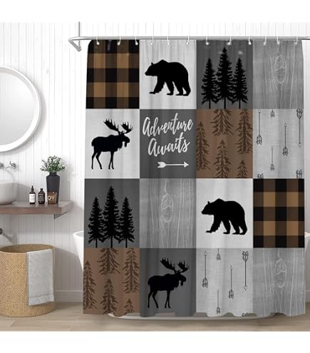 Retro Rustic Style Shower Curtain, Moose Deer Bear Leaf Tree Country Retro Rustic Style Shower Curtain, Moose Deer Bear Leaf Tree Country