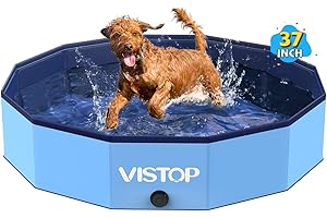 VISTOP Medium Foldable Dog Pool, Hard Plastic Shell Portable Swimming Pool for Dogs Cats and Kids Pet Puppy Bathing Tub Collapsible Kiddie Pool (37 inch.D x 7.8inch.H, Blue)