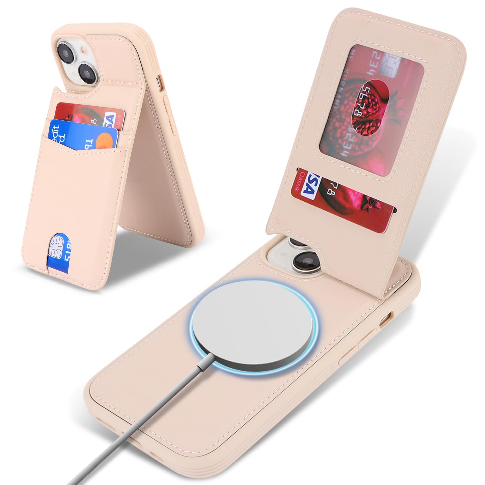 Photo 1 of ?????? case for iPhone 15 Plus magsafe Wallet Compatible with Card Holder Back Credit Slots PU Leather Stand Shockproof Phone Cover for Women and Men-Off-White