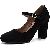 MAIERNISI JESSI Women's Mary Jane Pumps, Closed Round Toe, Block Heel with Ankle Strap Buckle, 3.54 Inch High Heel