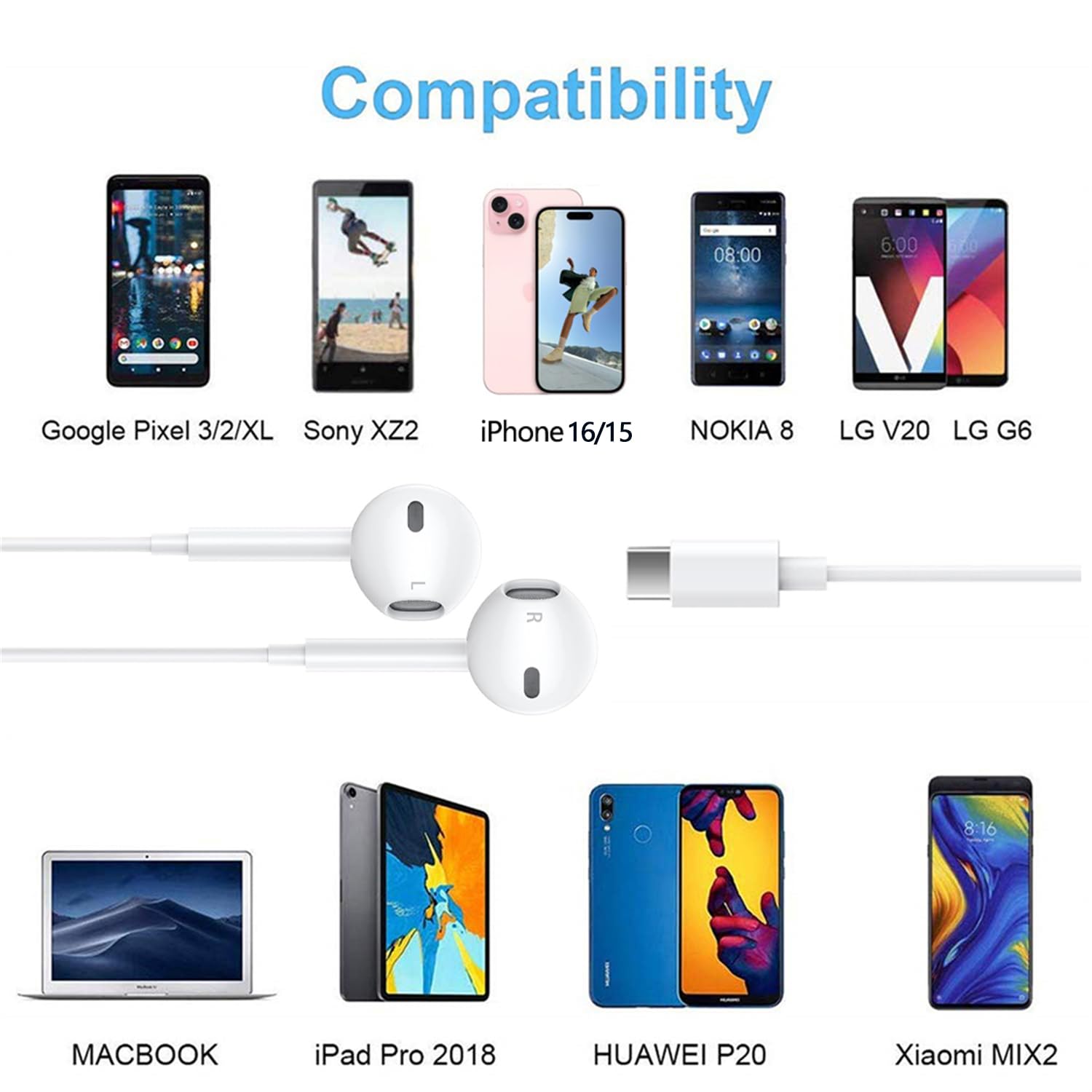 2 Packs USB C Headphones for iPhone 16 15 Earbuds with Microphone & Volume Control HiFi Stereo Type C Earphones for Galaxy S23/S22/S21/S20/Ultra Note 10/20, for iPad Pro Pixel 7/6/6a/5/4 OnePlus 9 8