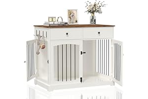 BREEZEHEAT 40 inch Dog Crate Furniture-Farmhouse Dog Kennel with Drawers-End Table Wooden Pet Crate, Double Door Design, Decorative Dog House Indoor for Small Medium Large Dog, White