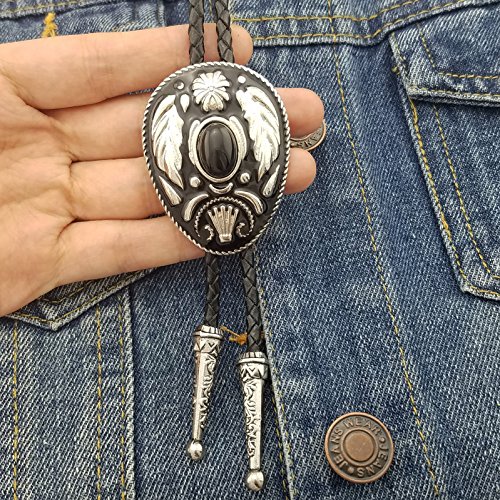 SELOVO Native American Black Stone Leaf Genuine Leather Bolo Tie Formal Accessory - Thumbnail 3