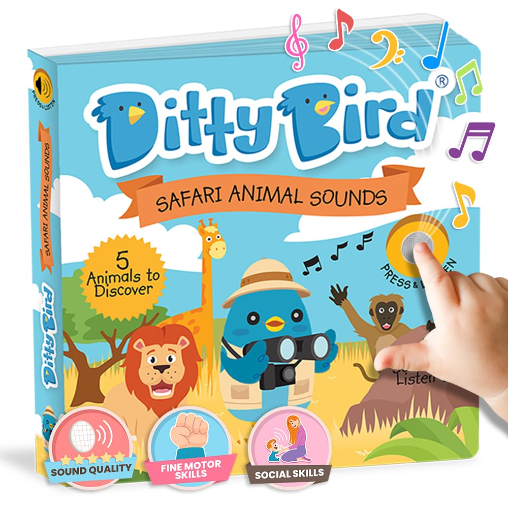 Ditty Bird Safari Animal Sounds Book for Toddlers – Interactive Sound Book Featuring Realistic Safari Sounds | Musical Board Book for Ages 1-3 | Perfect Sensory Toy for Toddlers