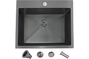 UFaucet 25x22 Drop in Kitchen Sink Black, 25 inch Gunmetal Black Stainless Steel Bar RV Laundry Utility Outdoor Small Sink Topmount Commercial Single Bowl
