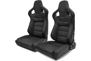 IKON MOTORSPORTS, Universal Racing Seats with Dual Sliders, Reclinable Black PU & Carbon Leather Sport Bucket Seats, 1 Pair Driver + Passenger Side, (Flat Style)