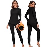 WOWENY Mock Neck Thermal Underwear Set For Women Long Johns Base Layer Fleece Lined Top And Bottom Cold Weather