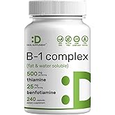 DEAL SUPPLEMENT Vitamin B1 500mg with Benfotiamine, 240 Capsules – 2 in 1 Enhanced Formula – Fat & Water Soluble Thiamine B1 Supplement – Third Party Tested, Non-GMO, No Gluten