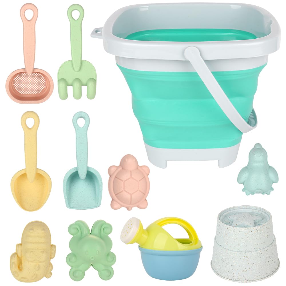 CLIUNT 11pcs Bucket Beach Toy Set, Play Sand Toys Set, Kids Sand Beach Toys Set, Sands and Water Outdoor Fun Tools for toddlers 1-3 with Foldable Bucket and Spade, Rake, Sprinkler etc