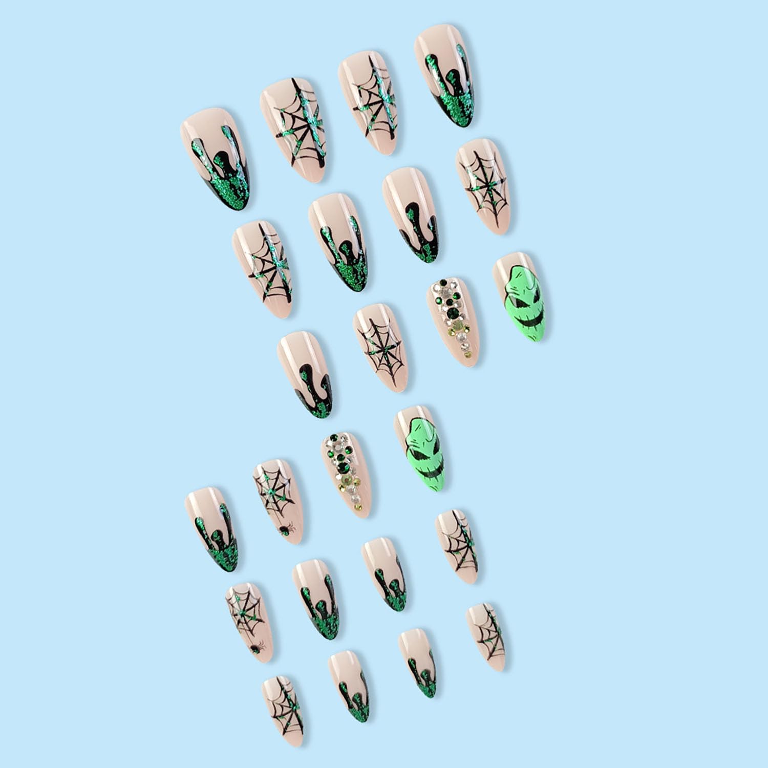 Halloween Press on Nails Medium Almond Fake Nails Nude Full Cover Green Spider Web Nightmare Christmas Nails Rhinestones False Nails with Designs Acrylic Artificial Nails for Women Girls 24Pcs - Image 6