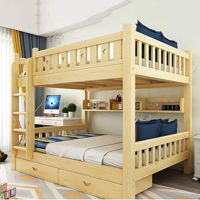 WSN Litera de Madera Maciza, Cama Doble Moderna con cajón de