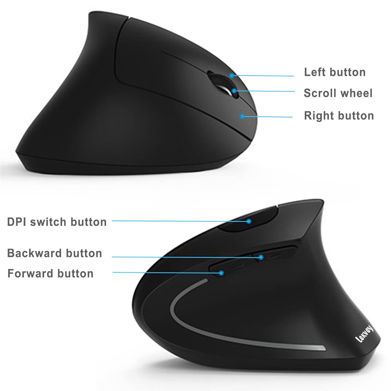 Ergonomic Mouse, LEKVEY Vertical Wireless Mouse - Rechargeable 2.4G Optical Vertical Mice : 3 Adjustable DPI 800/1200/1600 Levels 6 Buttons, for Laptop, Mac, PC, Computer, Desktop, Notebook etc, Black