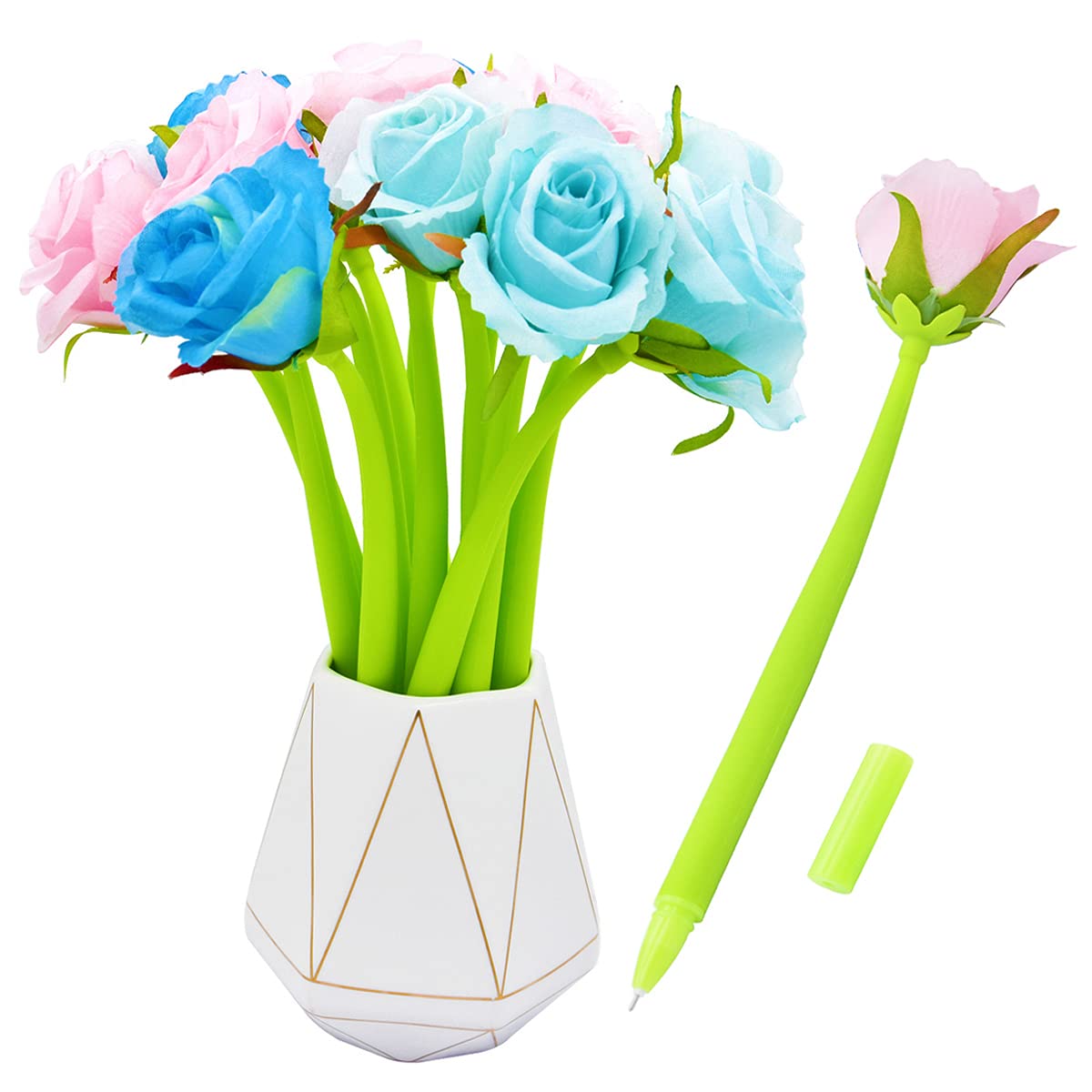 SIPLIV 12Pcs Creative Artificial Flowers Gel Ink Pen Ballpoint Pen Liquid Black 0.5mm Gel Ink Rollerball Pen for Girls Women, Office School Supplies - Rose B — image 1