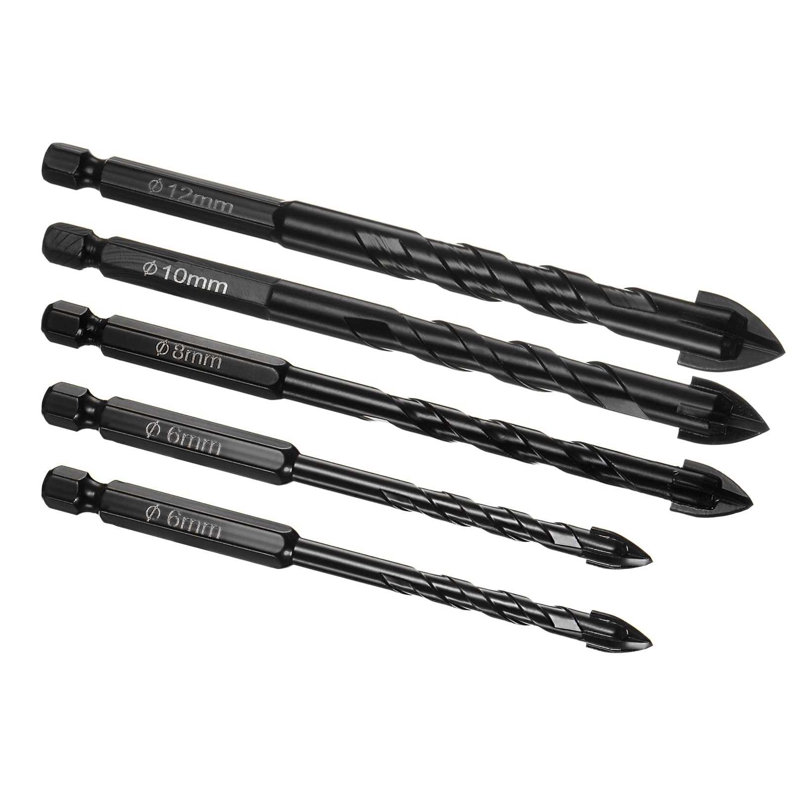 Kozelo 5pcs Masonry Drill Bit Set - [ 6mm to 12mm ] Concrete Drill Bit Set for Brick/Glass/Plastic/Ceramic Tile Use, 1/4" Hex Shank, Carbide Tip