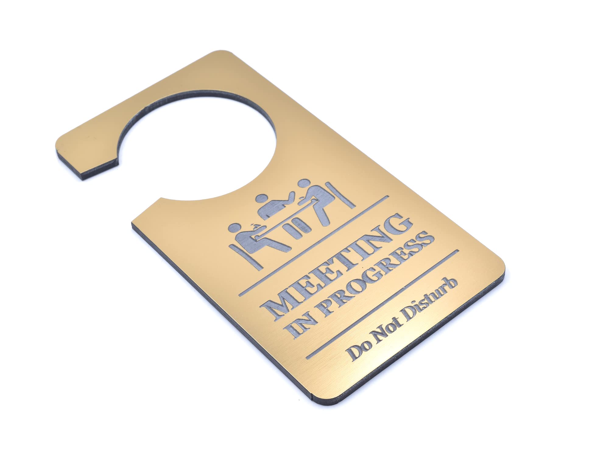 Meeting In Progress Do Not Disturb - Room Or Door Hanger Sign. Use In Home Office. Made In GOLD Coloured Material - For Use In Business, Corporate, Hotels, Workplace. UK Based.