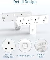 Mscien 3 Way Extension Plug with 3 USB UK Surge Protector 180° Rotation view 6