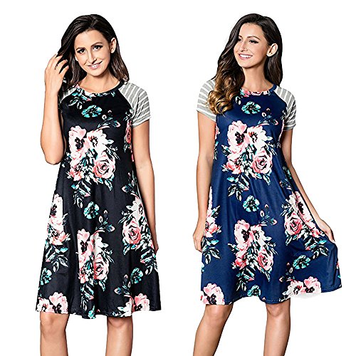 Poptem Womens Midi T-Shirt Dresses Short Sleeve A-Line Ruffles Floral Print Casual Summer Beach Loose Sundresses