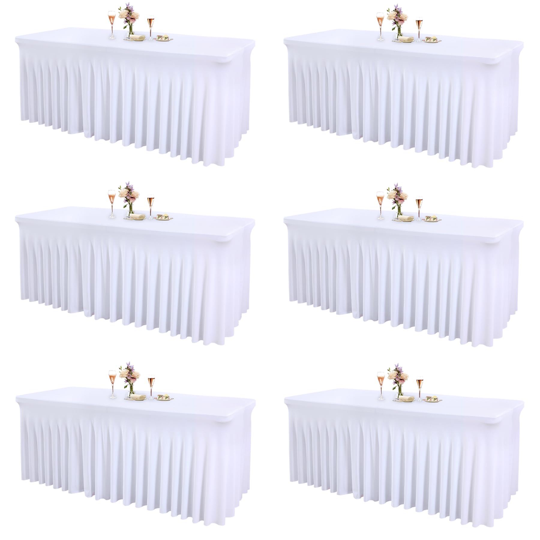 Photo 1 of 6 Packs White Table Clothes for 6 Foot Rectangle Tables, One-Piece Wrinkle Resistant Stretch Spandex Table Covers with Skirt for Event Banquet Wedding Birthday Party