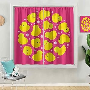 Room Darkening Blackout Curtains, 48 inches Long Window Drapes for Living Room, Fun Baby Duckies Circle Artsy Pattern Kids Bath Toys Bubbles Hot Pink Animal Print, Pink Yellow