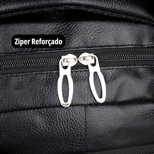 Mochila Masculina de Couro Preta, Impermeável, com Compartimento para Notebook, 46x32x17 cm