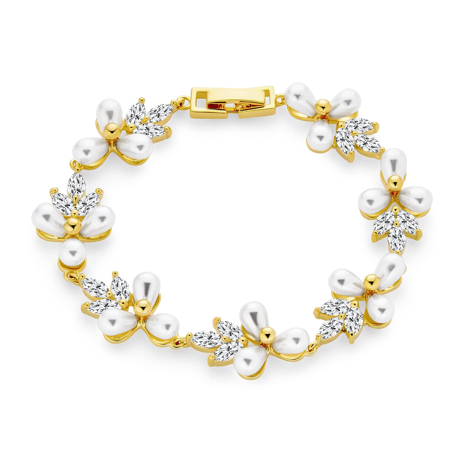 Bling Jewelry Bridal Wedding Multi Flowers CZ Leaf Genuine White Freshwater Cultured Pearl Bracelet For Women 18K Gold Plated 7 Inch